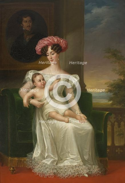 Josefina Maximiliana Eugenia Napoleana, 1807-1876, Queen of Sweden, with son Karl (XV), 1826. Creator: Fredric Westin.