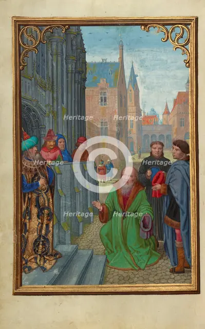 Joseph of Arimathea Before Pilate; Prayer Book of Cardinal Albrecht of Brandenburg, about 1525-1530. Creator: Simon Bening.