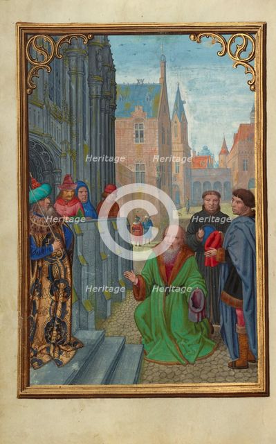 Joseph of Arimathea Before Pilate; Prayer Book of Cardinal Albrecht of Brandenburg, about 1525-1530. Creator: Simon Bening.