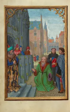Joseph of Arimathea Before Pilate; Prayer Book of Cardinal Albrecht of Brandenburg, about 1525-1530. Creator: Simon Bening