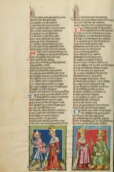 Joseph and Potiphar's Wife: Potiphar's Wife Accusing Joseph; Weltchronik, about 1400-1410. Creator: Unknown