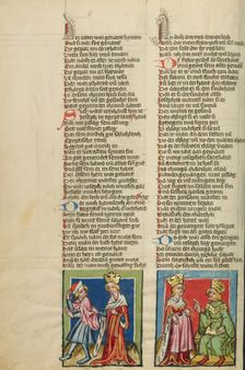 Joseph and Potiphar's Wife: Potiphar's Wife Accusing Joseph; Weltchronik, about 1400-1410. Creator: Unknown