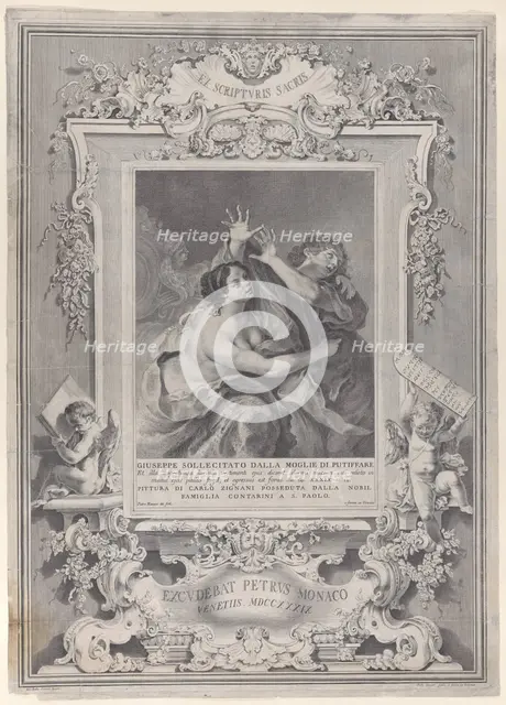 Joseph and Potiphar's wife, within an ornate frame, 1739. Creator: Pietro Monaco.