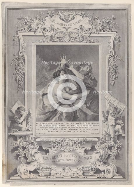 Joseph and Potiphar's wife, within an ornate frame, 1739. Creator: Pietro Monaco.