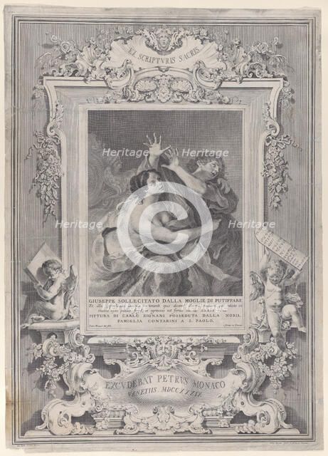 Joseph and Potiphar's wife, within an ornate frame, 1739. Creator: Pietro Monaco.