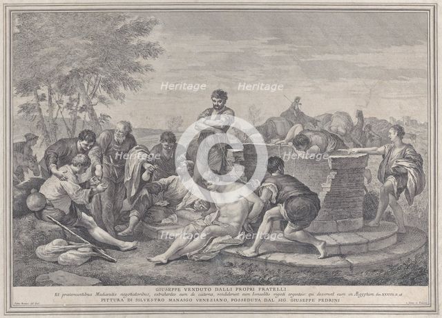 Joseph being sold into slavery by his brothers, who sit around a well dividing up the c..., 1730-39. Creator: Pietro Monaco.