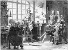 Joseph Black visiting James Watt in his Glasgow workshop, c1760 (c1879). Creator: Unknown