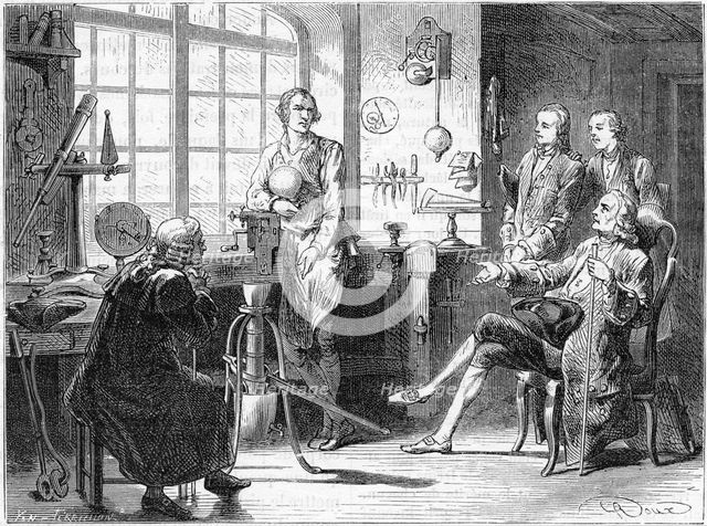 Joseph Black visiting James Watt in his Glasgow workshop, c1760 (c1879). Creator: Unknown.
