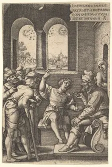 Joseph explains his dream to his brothers and father in an interior setting; the sun, moon..., 1544. Creator: Georg Pencz