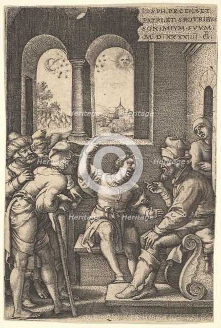 Joseph explains his dream to his brothers and father in an interior setting; the sun, moon..., 1544. Creator: Georg Pencz.