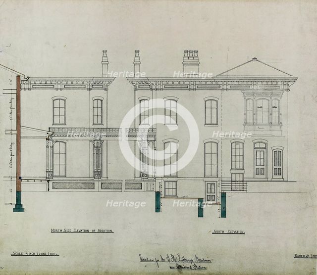 Joseph H. Lathrop House Addition, Elmhurst, Illinois, Elevations and Section, c. 1870. Creator: Bauer & Loebnitz.