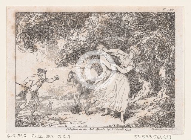 Joseph Hastens to Rescue Fanny from Imminent Danger, from "The Adventures of Joseph Andrew..., 1792. Creator: Thomas Rowlandson.