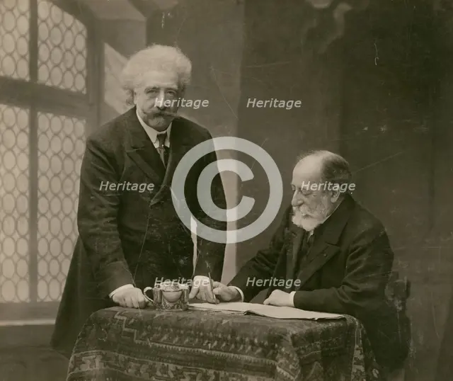Joseph Hollman and Camille Saint-Saëns, 1907.  Creator: Paul Nadar.