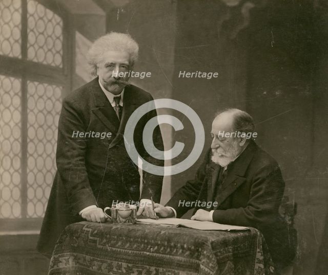 Joseph Hollman and Camille Saint-Saëns, 1907.  Creator: Paul Nadar.