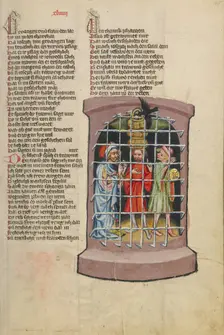 Joseph in Prison with a Butler and a Baker; Weltchronik, about 1400-1410. Creator: Unknown