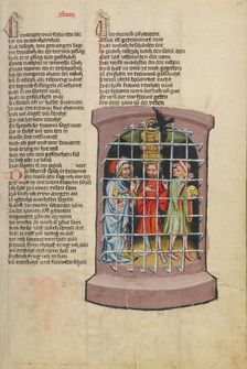 Joseph in Prison with a Butler and a Baker; Weltchronik, about 1400-1410. Creator: Unknown