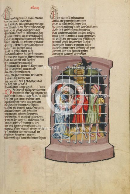 Joseph in Prison with a Butler and a Baker; Weltchronik, about 1400-1410. Creator: Unknown.