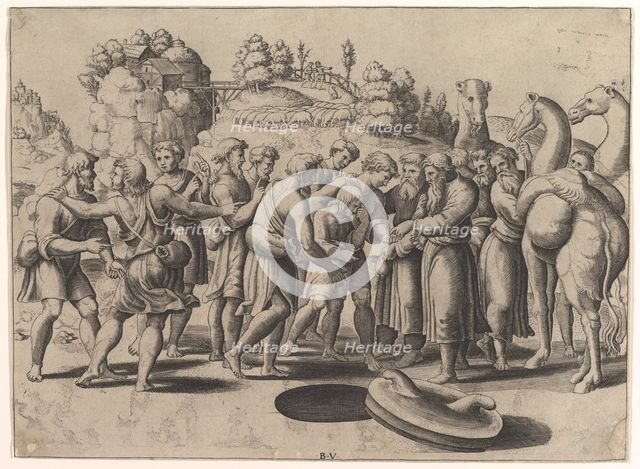 Joseph in the centre being sold by his brothers standing above a well, camels at the right, 1533. Creator: Master of the Die.