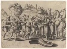 Joseph in the centre being sold by his brothers standing above a well, camels at the right, 1533. Creator: Master of the Die