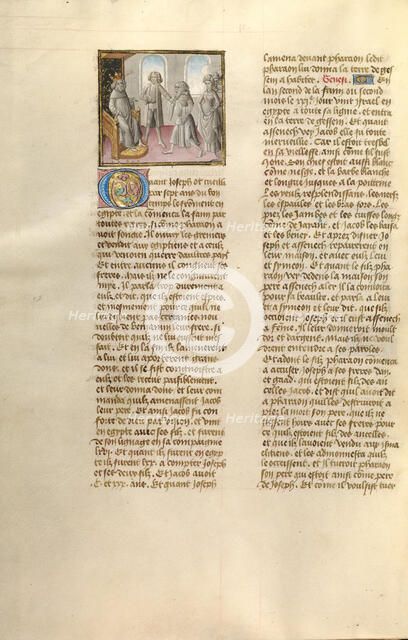 Joseph Leading his Father Jacob before Pharaoh; Miroir Historial, about 1475. Creator: Unknown.