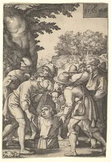 Joseph lowered into a well by his brothers, from the series The Story of Joseph 1546. Creator: Georg Pencz