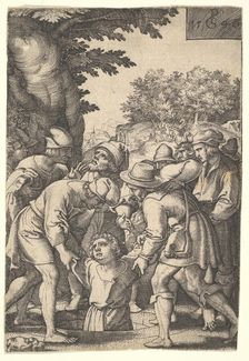 Joseph lowered into a well by his brothers, from the series The Story of Joseph 1546. Creator: Georg Pencz