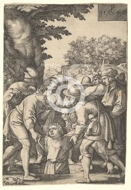 Joseph lowered into a well by his brothers, from the series 'The Story of Joseph', 1546. Creator: Georg Pencz.