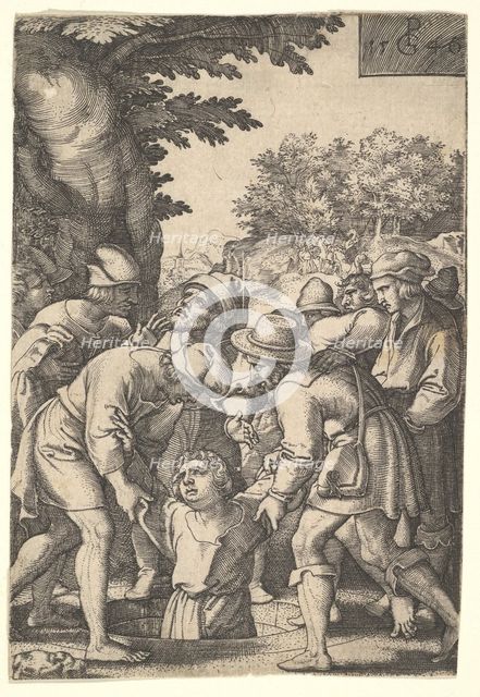 Joseph lowered into a well by his brothers, from the series 'The Story of Joseph', 1546. Creator: Georg Pencz.