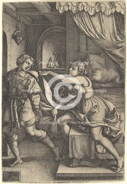 Joseph strides away from Potiphar's wife, who clutches his cloak with both hands as she st..., 1546. Creator: Georg Pencz.