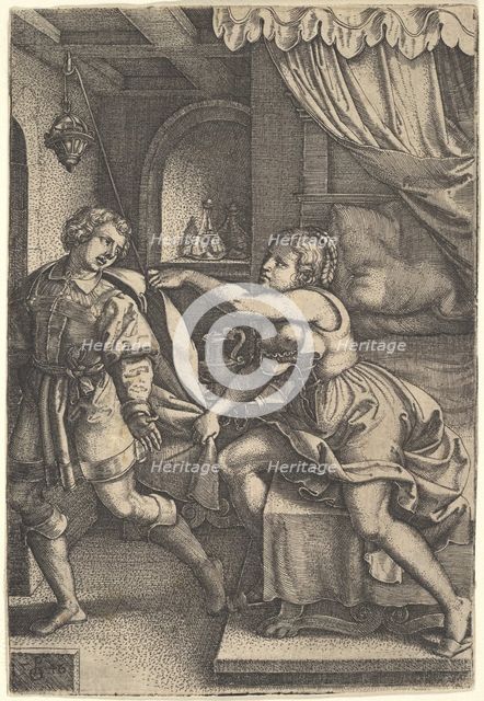 Joseph strides away from Potiphar's wife, who clutches his cloak with both hands as she st..., 1546. Creator: Georg Pencz.
