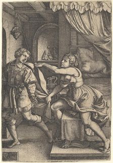 Joseph strides away from Potiphar's wife, who clutches his cloak with both hands as she st..., 1546. Creator: Georg Pencz