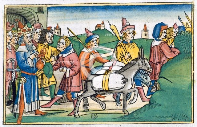 Joseph sends his brothers home with a supply of free food, 15th century. Artist: Unknown