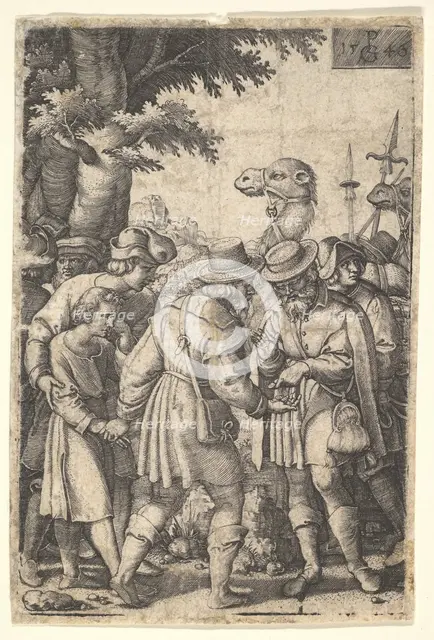 Joseph sold to the merchants: a bearded man grasping Joseph with his left hand receives co..., 1546. Creator: Georg Pencz.
