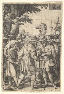 Joseph sold to the merchants: a bearded man grasping Joseph with his left hand receives co..., 1546. Creator: Georg Pencz