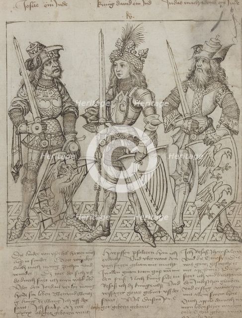 Joshua, King David and Judas Maccabeus, 1492. Creator: Master of the Strassburg Chronicle.