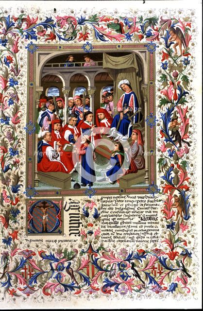 Jaume Marquilles delivers his book to the Counselors of Barcelona in the presence of King Alfons …