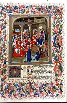 Jaume Marquilles delivers his book to the Counselors of Barcelona in the presence of King Alfons …