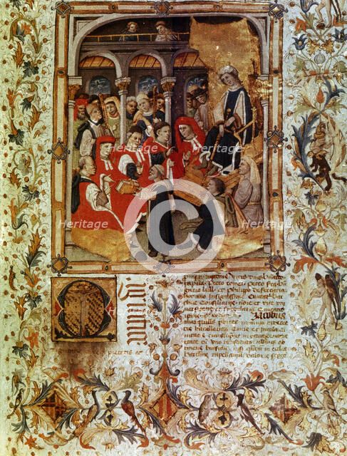 Jaume Marquilles delivers his book to the Consellers of Barcelona in the presence of King Alphons…