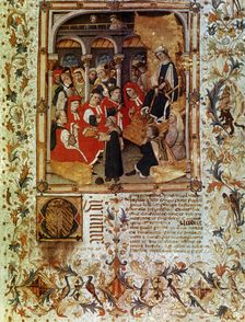 Jaume Marquilles delivers his book to the Consellers of Barcelona in the presence of King Alphons…