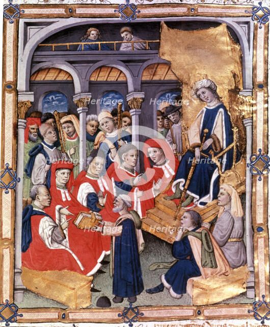 Jaume Marquilles gives his book to the Counselors of Barcelona in the presence of King Alfons IV …