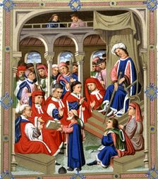 Jaume Marquilles gives his book to Counselors of Barcelona in the presence of King Alfons IV the …