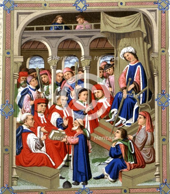 Jaume Marquilles gives his book to Counselors of Barcelona in the presence of King Alfons IV the …