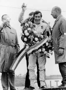 Jackie Stewart, celebrating victory at The Dutch Grand Prix, Zandvoort, 1968