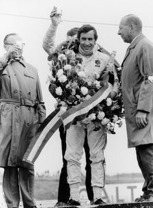 Jackie Stewart, celebrating victory at The Dutch Grand Prix, Zandvoort, 1968