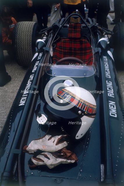 Jackie Stewart's racing helmet and gloves, British Grand Prix, 1967 Artist: Unknown
