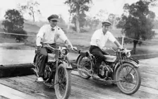 Jack Bain (right in image) and another man on Harlin Bridge, 1926. Creator: Jack Bain