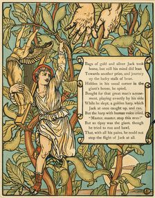 Jack descending the Beanstalk from Jack and the Beanstalk pub. 1875 (colour lithograph), 1875. Creator: Walter Crane (1845 - 1915)