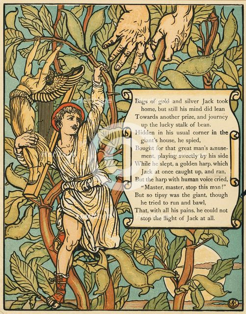 Jack descending the Beanstalk from Jack and the Beanstalk pub. 1875 (colour lithograph), 1875. Creator: Walter Crane (1845 - 1915).