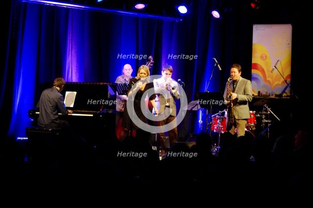 Jack Kendon Quartet with Pete Hill (drums), Jack Kendon (Tpt) and Julian Nicholas (Sax), Ropetackle  Artist: Brian O'Connor.
