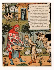 Jack sells his cow for beans, from The Blue Beard Picture Book, pub. 1879 (colour lithograph), 1879. Creator: Walter Crane (1845 - 1915)